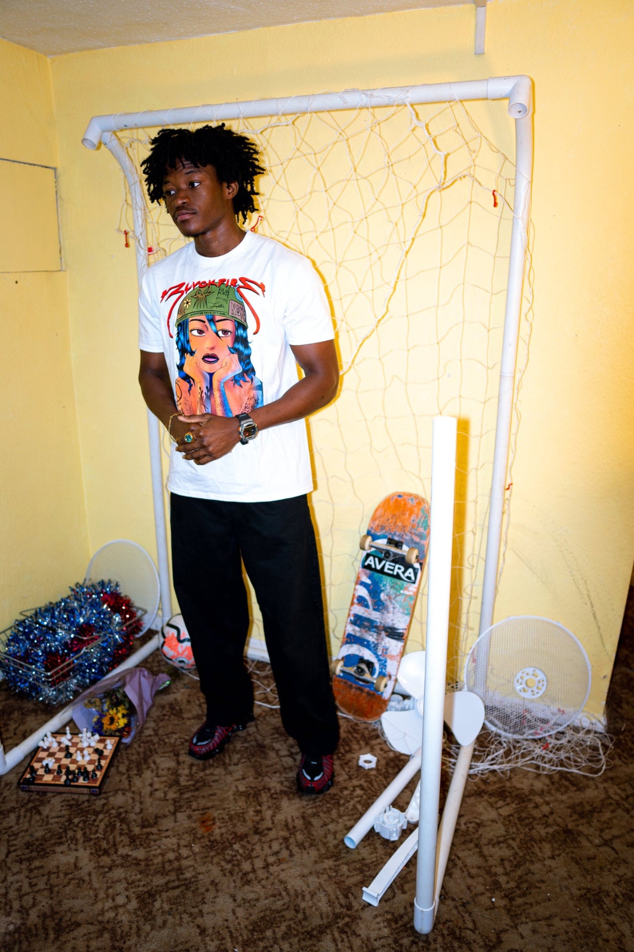 Model wearing blvckfire army girl tshirt