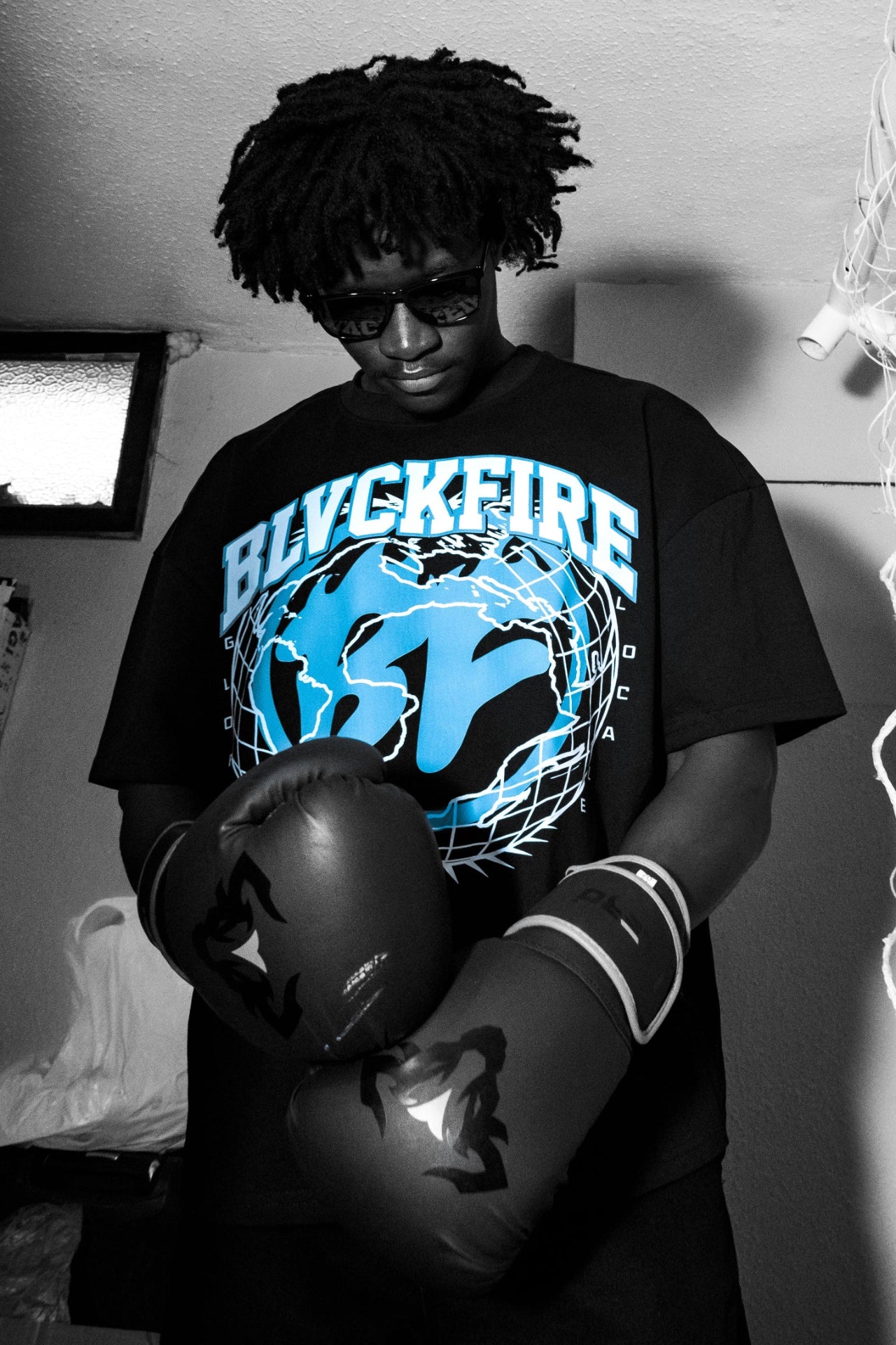 Model wearing blvckfire digital world tshirt