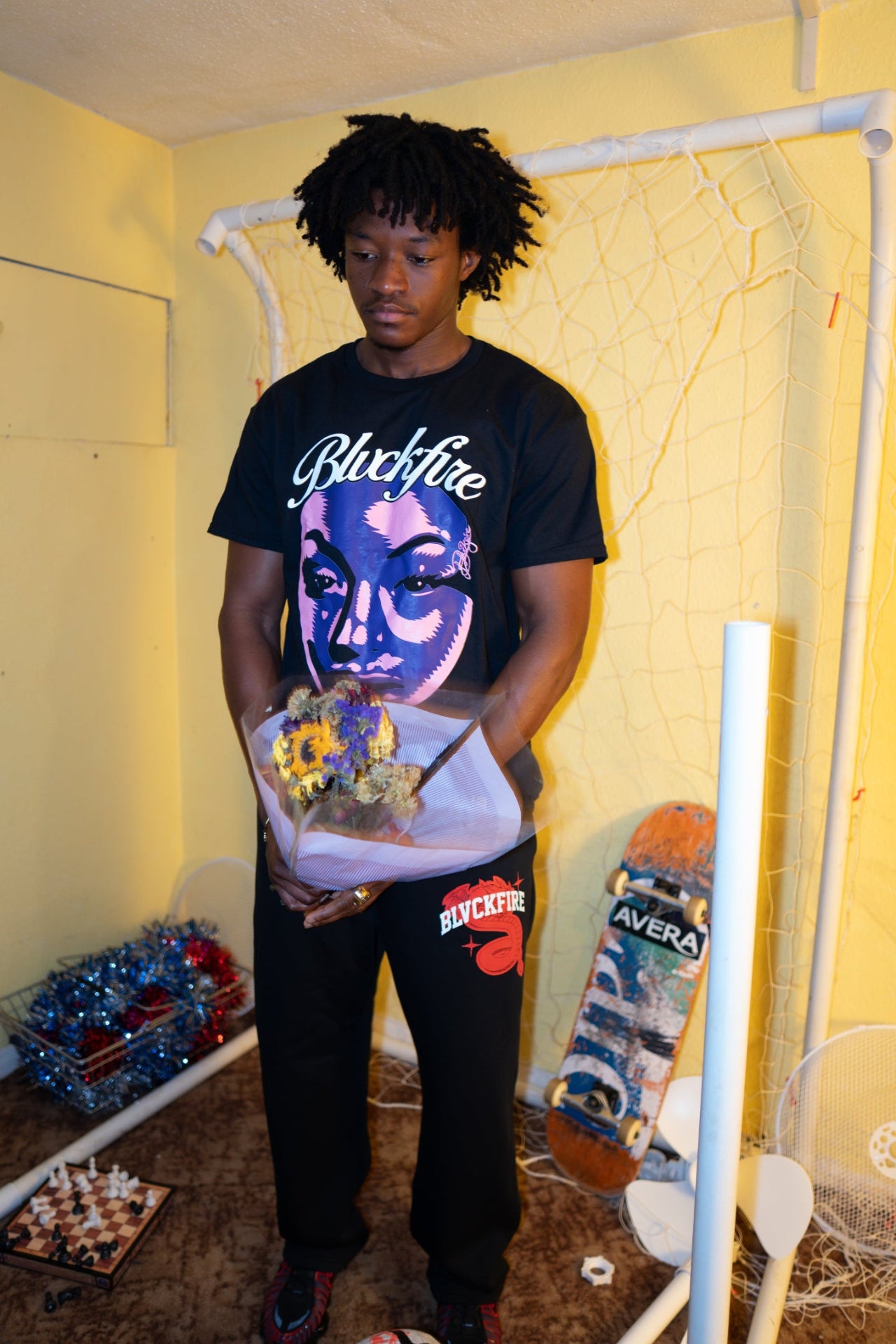 Model wearing blvckfire amethyst tshirt