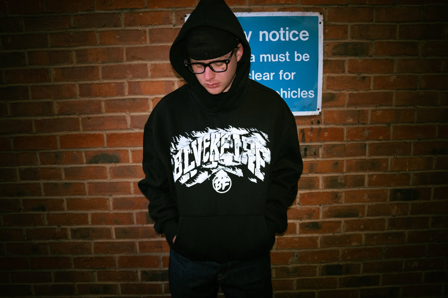 Model wearing blvckfire furnace hoodie