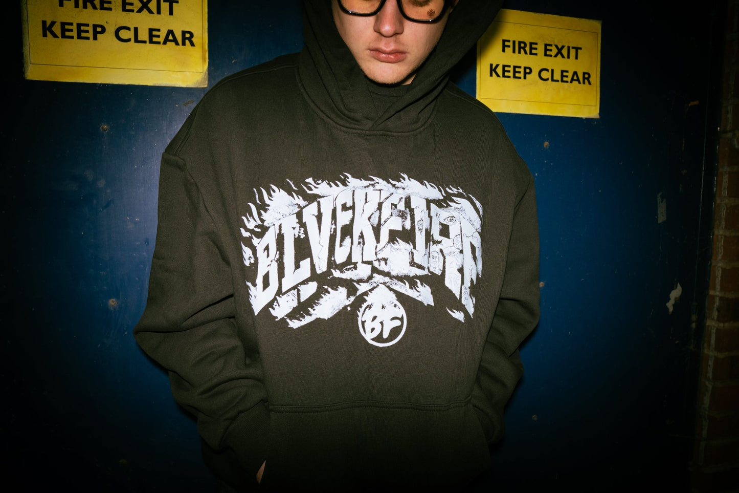 Model wearing blvckfire furnace hoodie